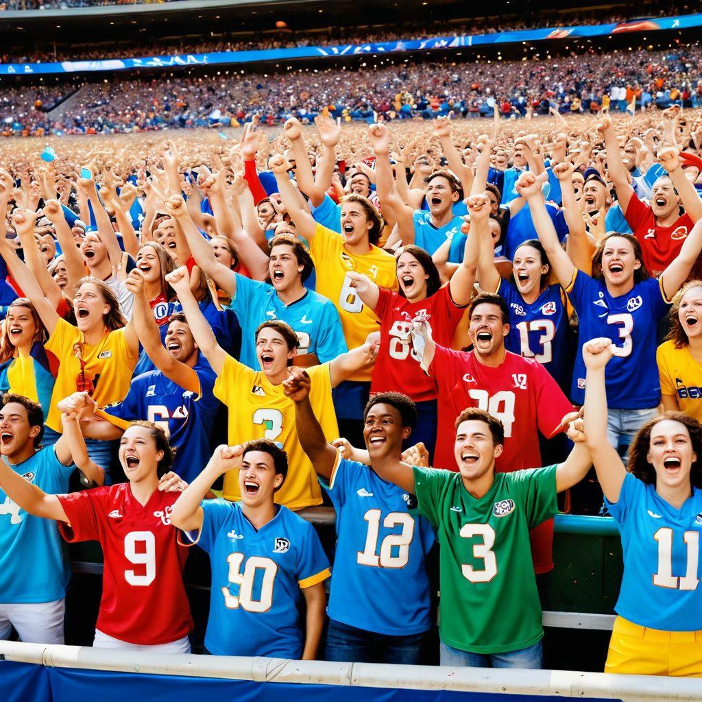 A vibrant scene capturing an enthusiastic crowd at a major sporting event, showcasing fans in the front row with expressions of joy and excitement. Brightly colored team jerseys, signs, and foam fingers create a lively atmosphere. The field is visible in the background, bustling with action and energy. Include elements of confetti and banners to amplify the thrill of game day. super-realistic. vibrant colors. 3D.