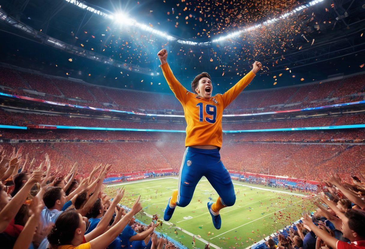 A dynamic scene capturing an enthusiastic sports fan leaping from a regular seat to a front-row position, surrounded by cheers and excitement. The vibrant stadium atmosphere includes confetti falling, team colors prominently displayed, and an illuminated scoreboard in the background. Emphasize the transformation from spectator to superstar with a glowing aura around the fan. super-realistic. vibrant colors. energetic atmosphere.