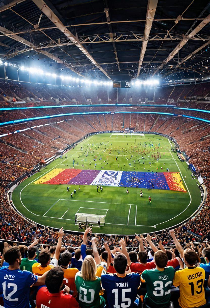 A lively stadium scene showcasing enthusiastic fans enjoying premium seating, with vibrant colors and diverse spectators wearing team jerseys, cheering passionately. The focus is on luxury seating arrangements with a stunning view of a thrilling sports event in the background, capturing the excitement and joy of the game. Include elements of confetti and team flags waving in the air. super-realistic. vibrant colors.